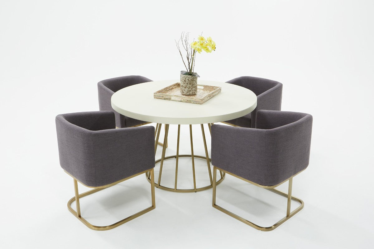 51" White and Brass Concrete and Brass Pedestal Base Round Top Dining Table