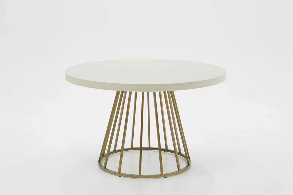 51" White and Brass Concrete and Brass Pedestal Base Round Top Dining Table