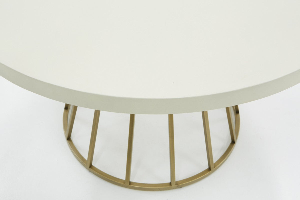 51" White and Brass Concrete and Brass Pedestal Base Round Top Dining Table