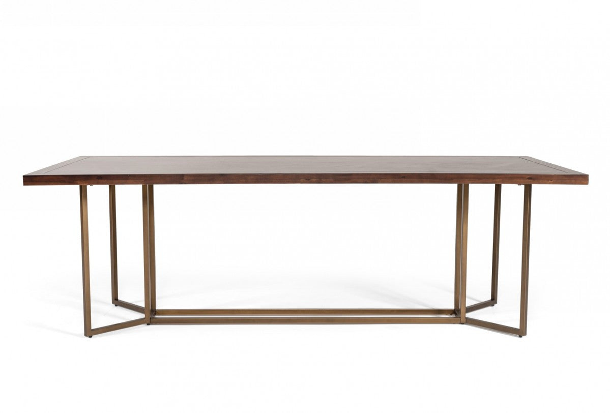 95" Brown and Brass Solid Wood and Brass Trestle Base Dining Table