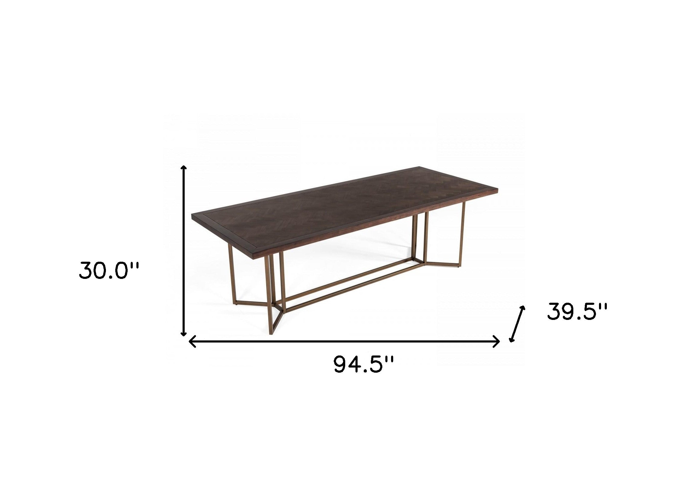95" Brown and Brass Solid Wood and Brass Trestle Base Dining Table