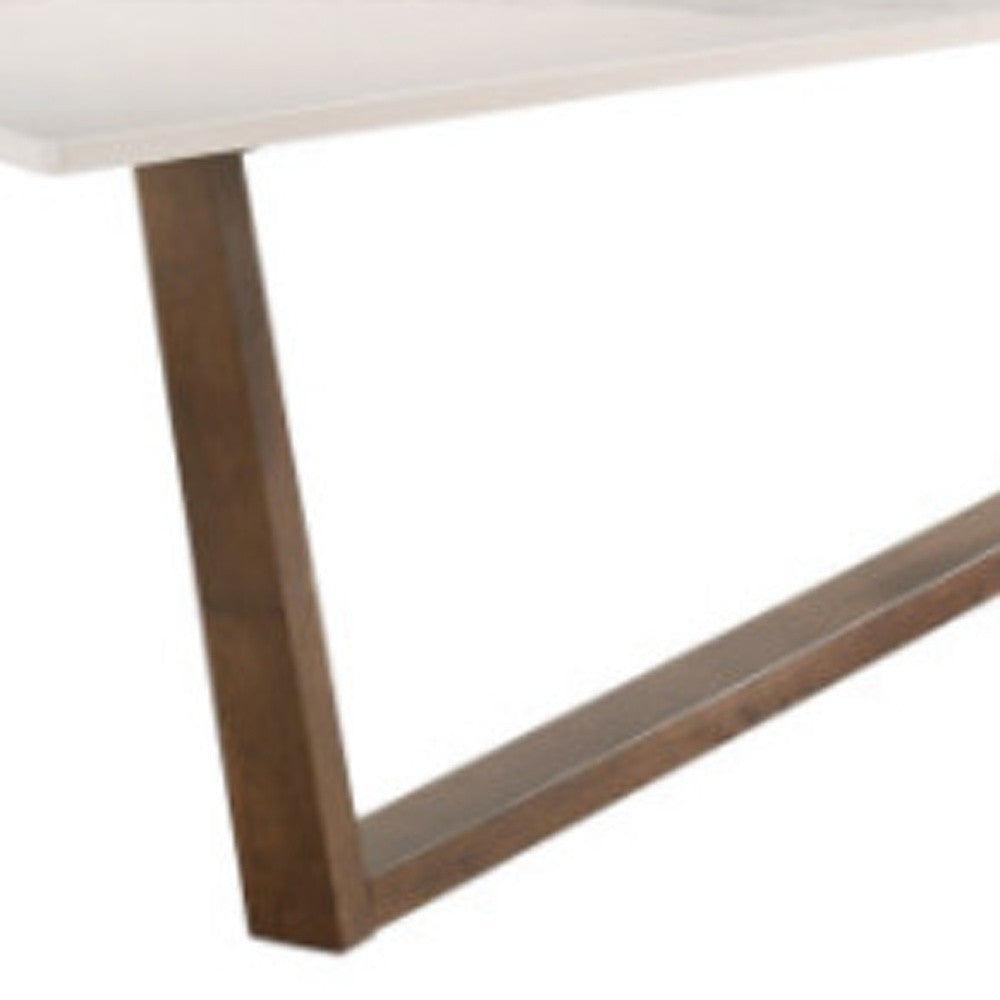 87" White and Brown Faux Marble and Solid Wood Trestle Base Dining Table