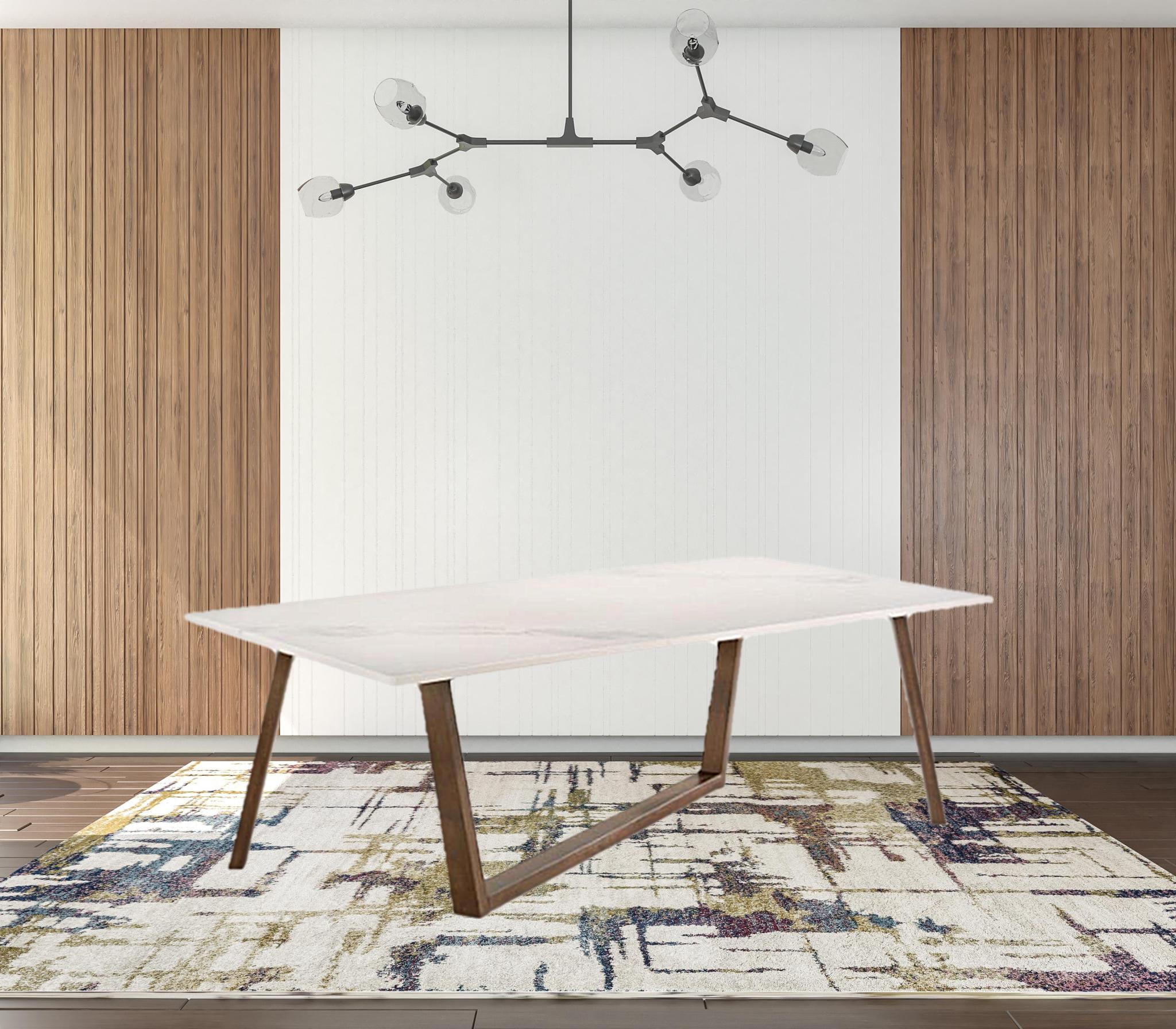 87" White and Brown Faux Marble and Solid Wood Trestle Base Dining Table