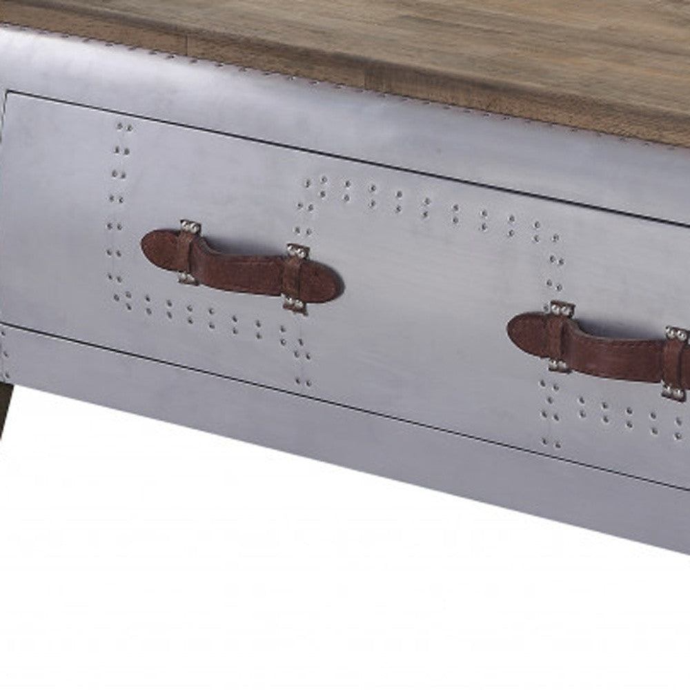 51" Brown and Gray Solid Wood And Aluminum Solid Coffee Table With Drawer