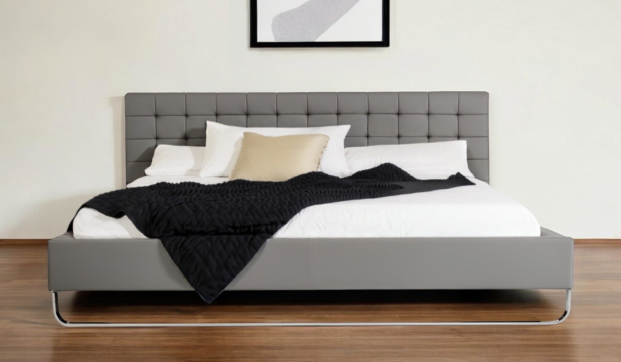 Gray Wood And Tufted Faux Leather California King Bed Frame