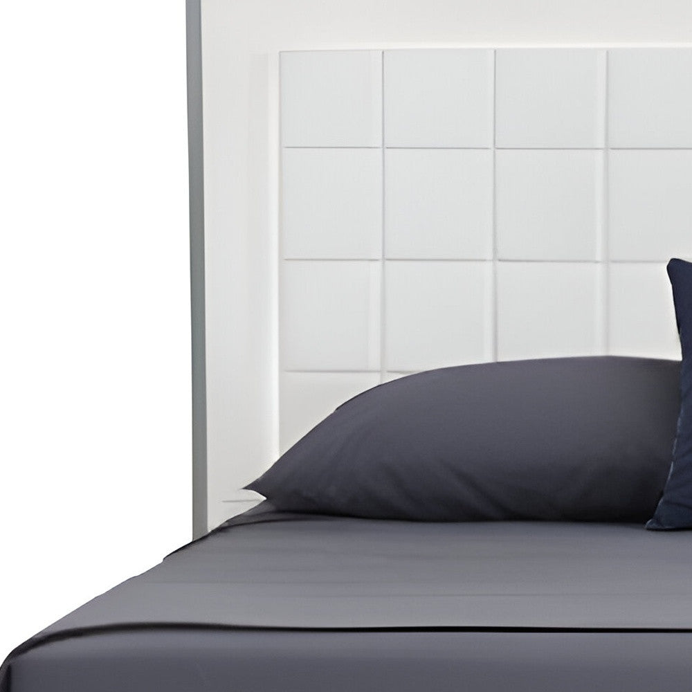 White Stainless Steel And Tufted Faux Leather Lighted California King Bed Frame