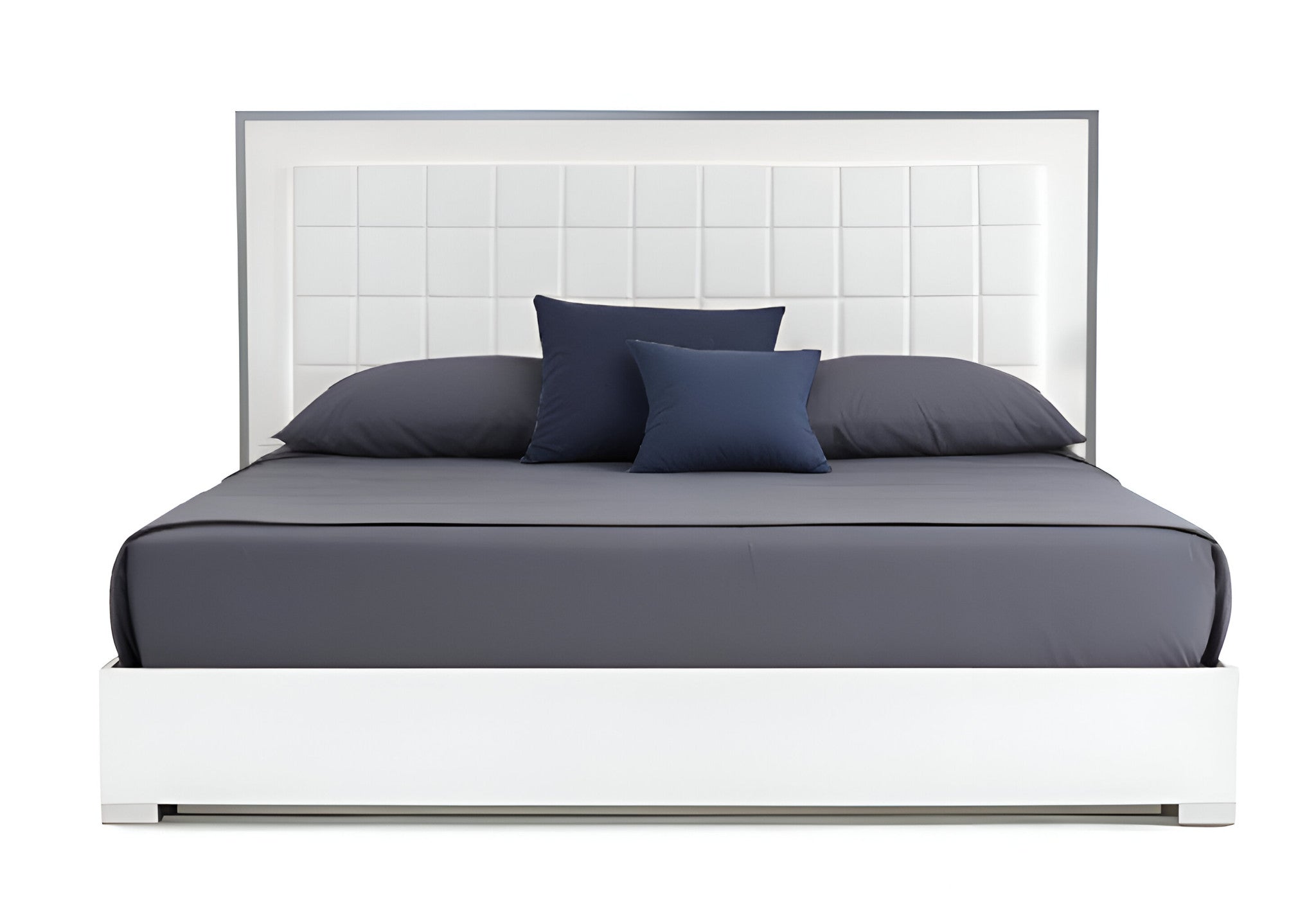 White Stainless Steel And Tufted Faux Leather Lighted California King Bed Frame
