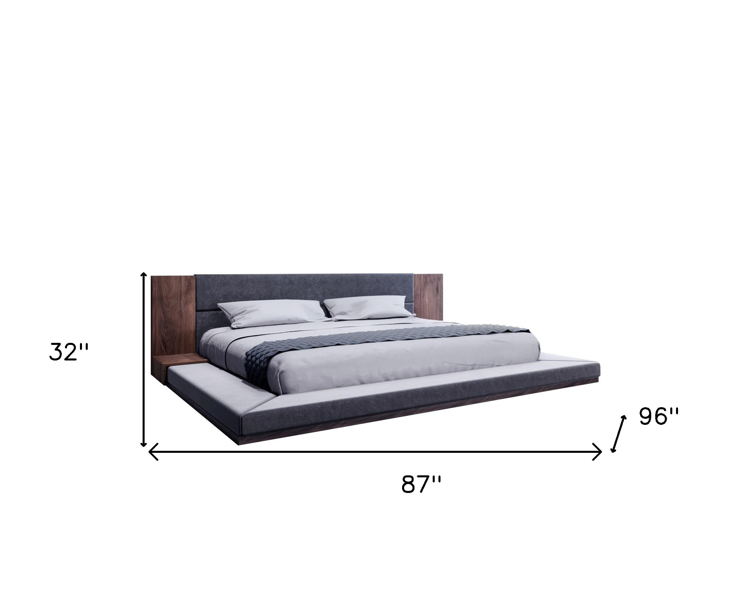 Gray and Walnut Wood And Upholstery Queen Bed Frame With Attached Nightstands