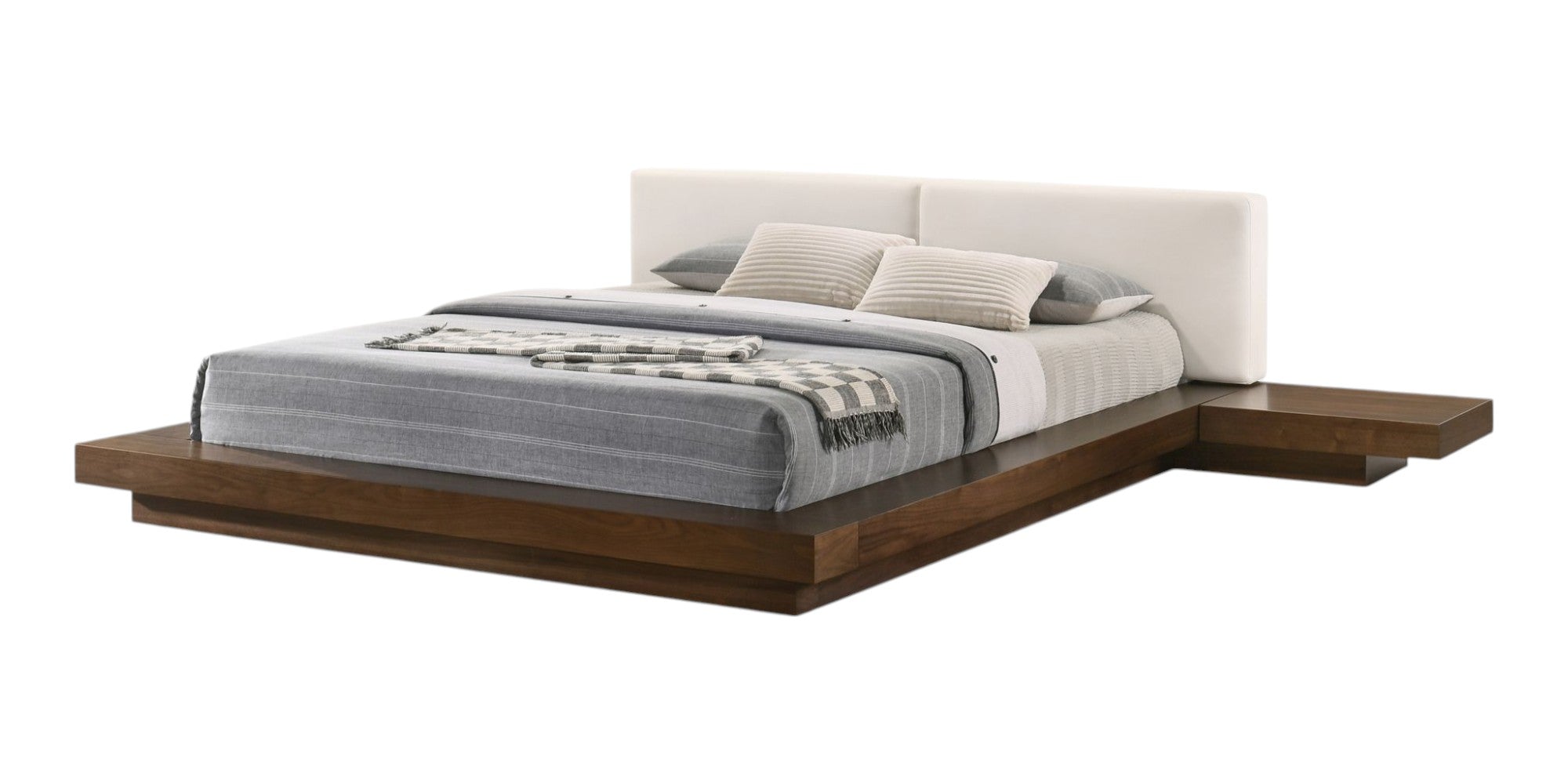 Walnut and White Wood And Faux Leather Queen Bed Frame With Attached Nightstands