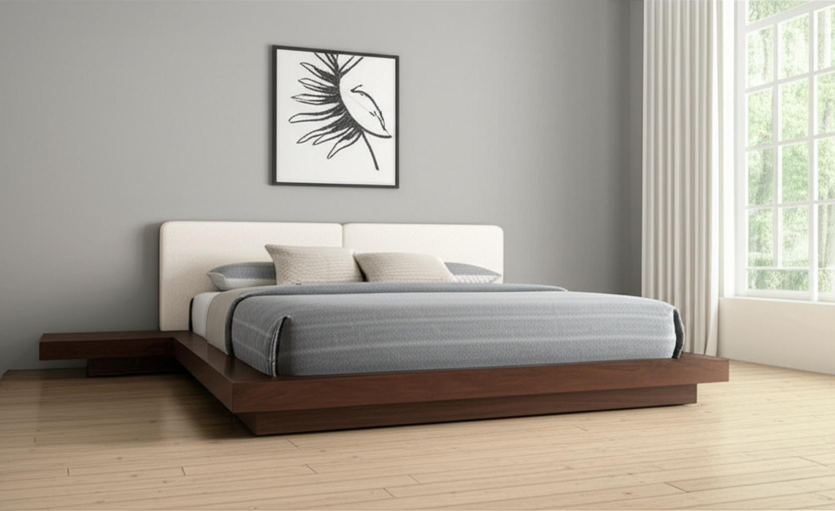 Walnut and White Wood And Faux Leather Queen Bed Frame With Attached Nightstands