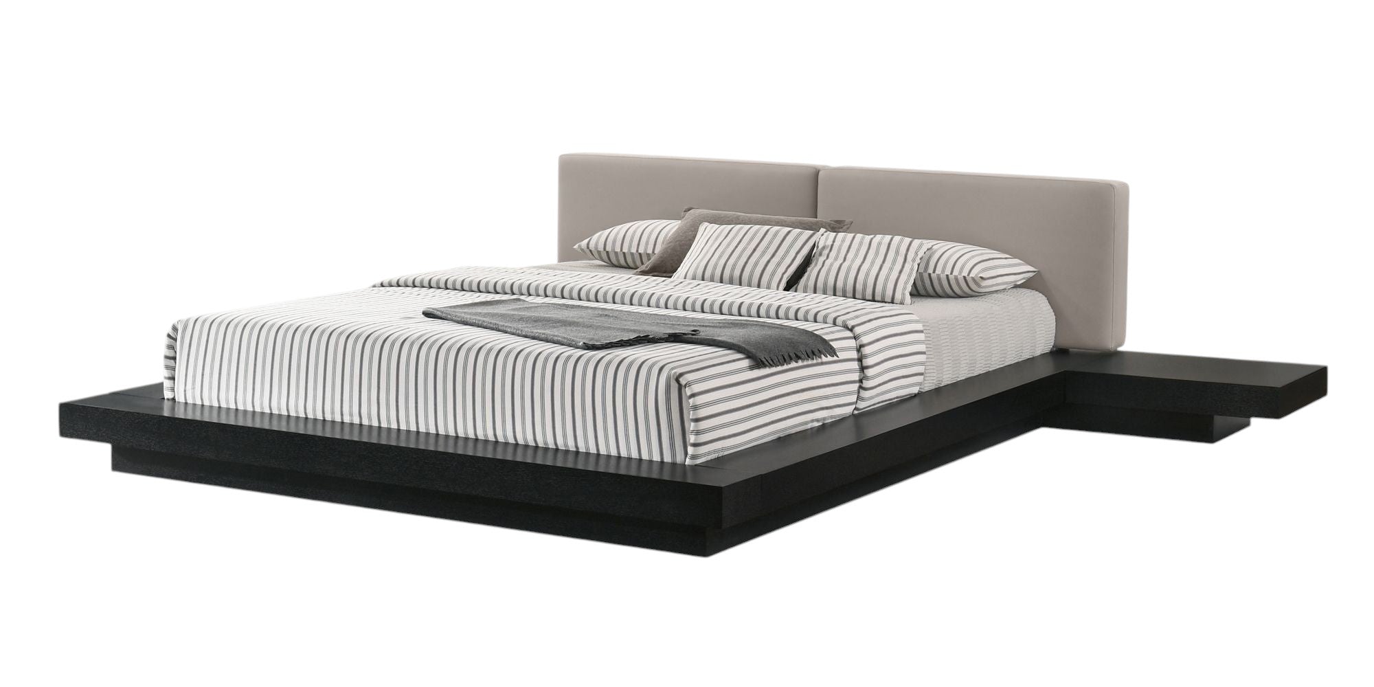 Black and Gray Wood And Faux Leather Queen Bed Frame With Attached Nightstands
