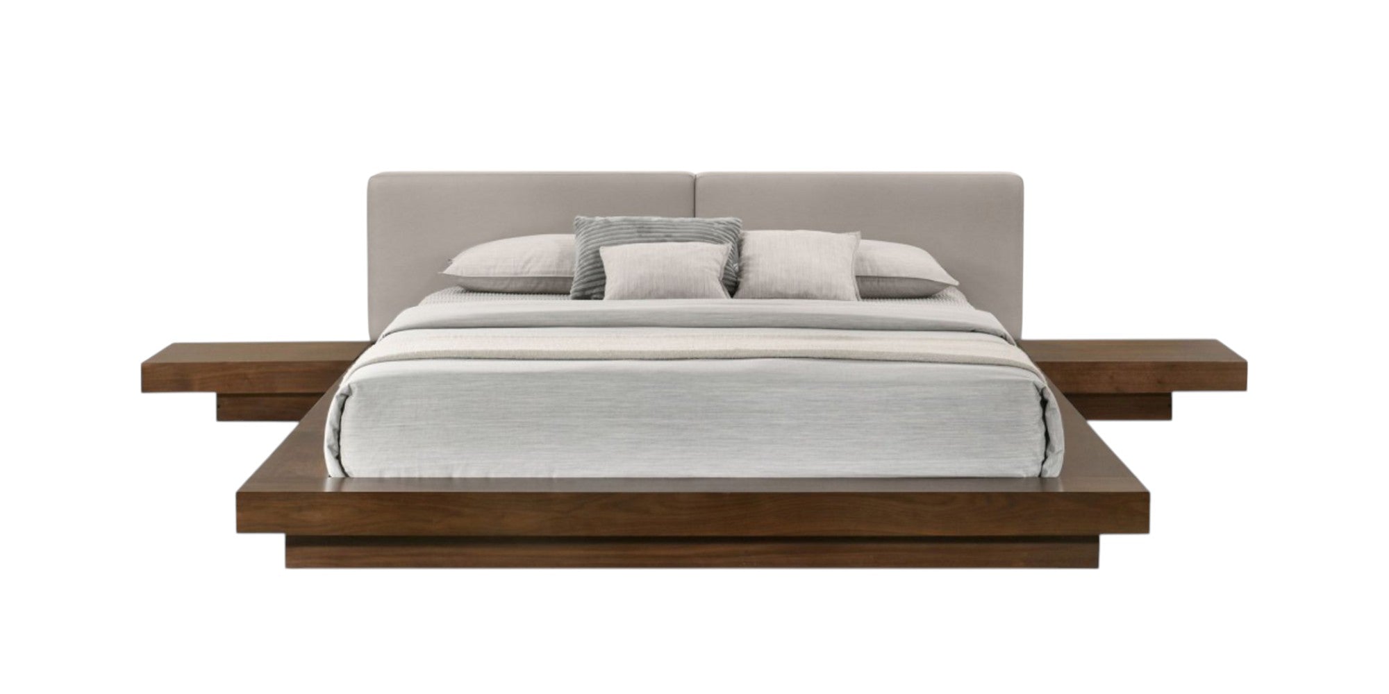 Gray and Walnut Wood And Faux Leather King Bed Frame With Attached Nightstands