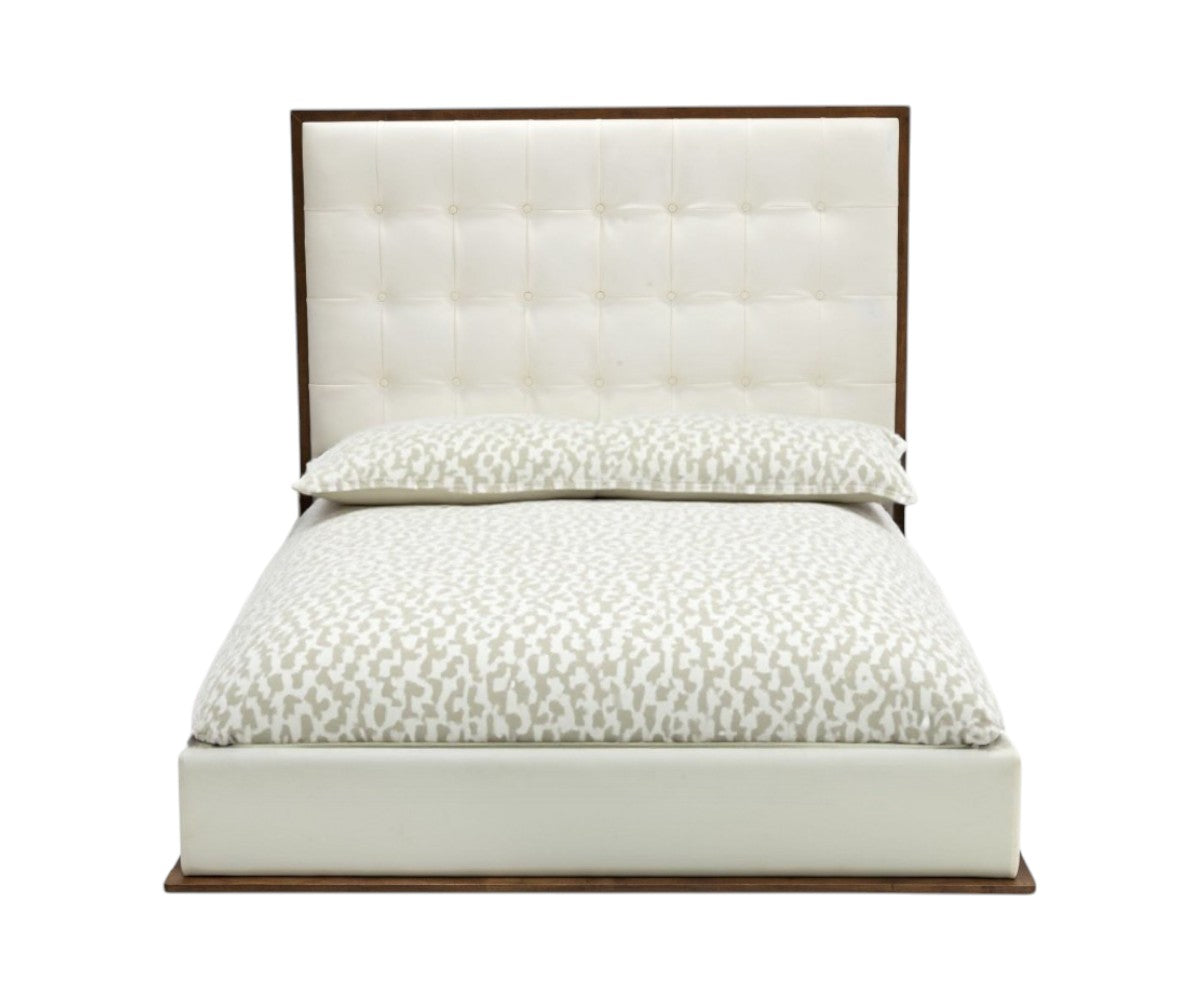 Brown and White Wood And Tufted Faux Leather Queen Bed Frame