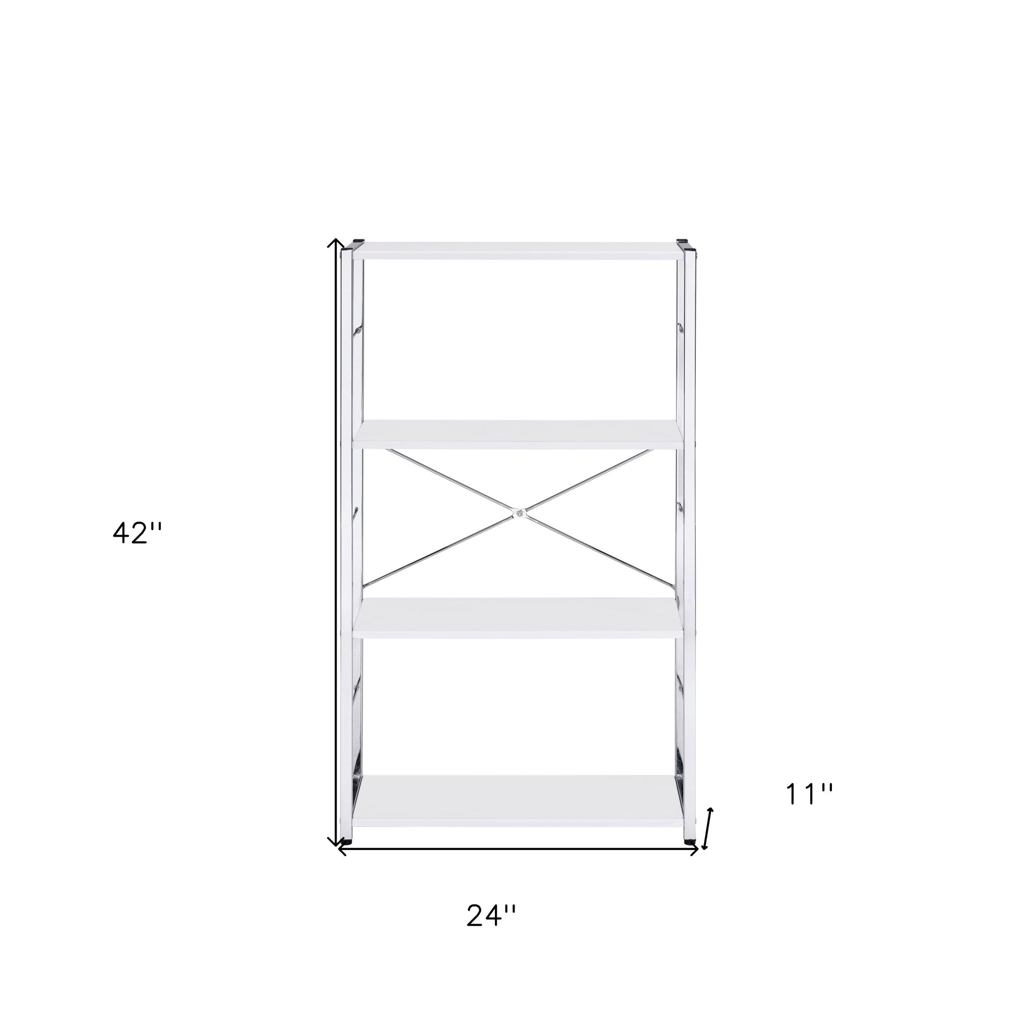 42" White And Silver Metal and Wood Four Tier Etagere Bookcase
