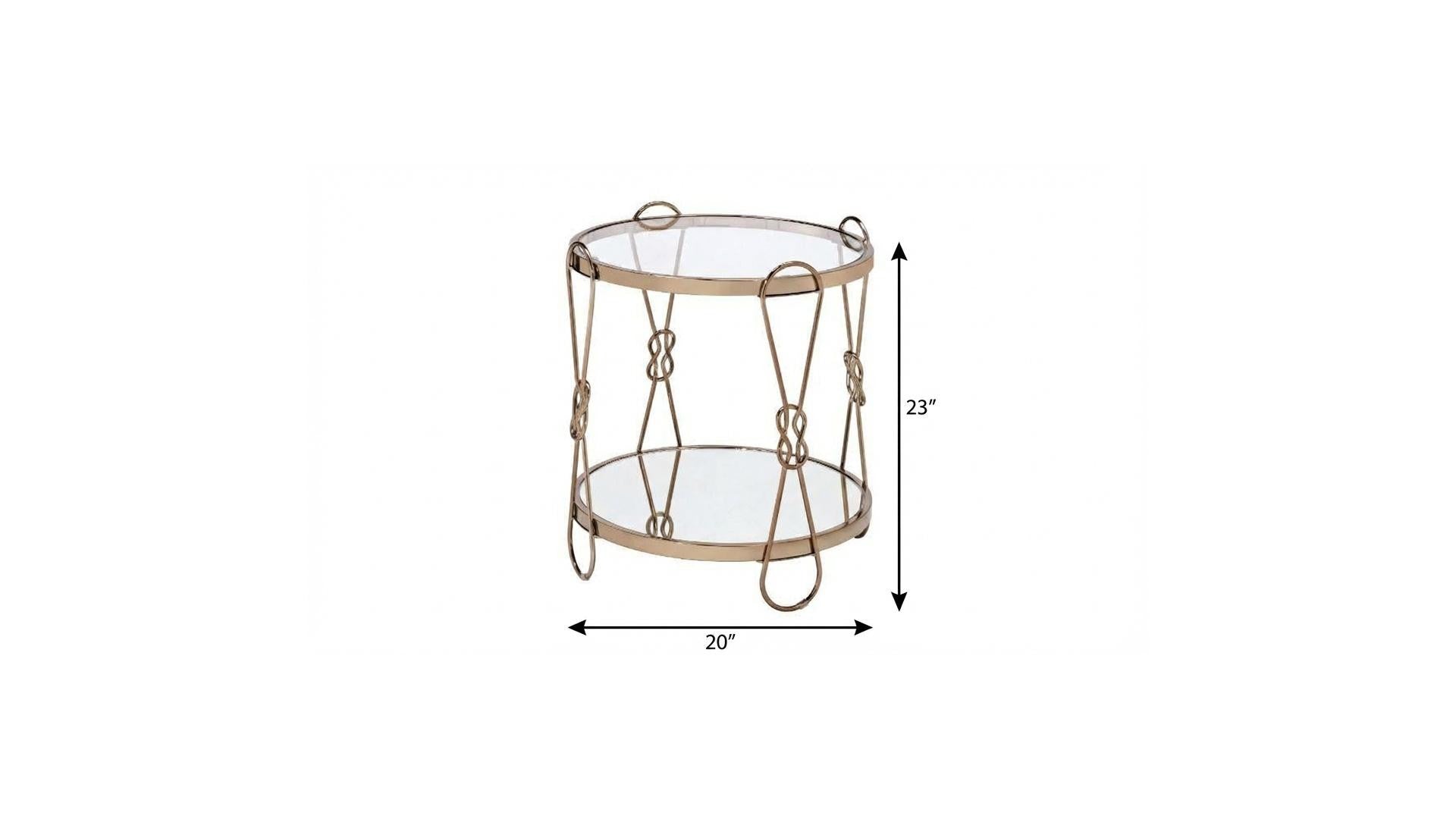 23" Gold Mirrored And Metal Round End Table With Shelf