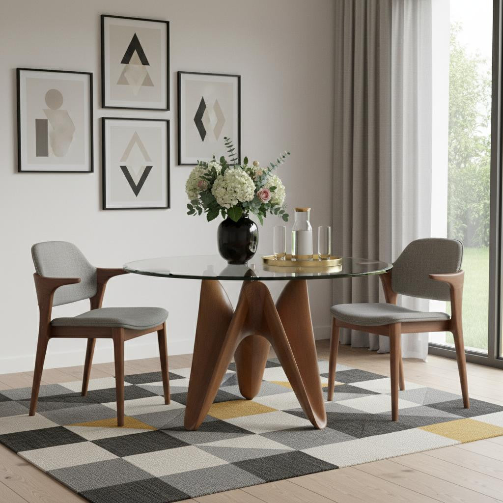 59" Clear And Brown Rounded Glass And Solid Manufactured Wood Pedestal Base Dining Table