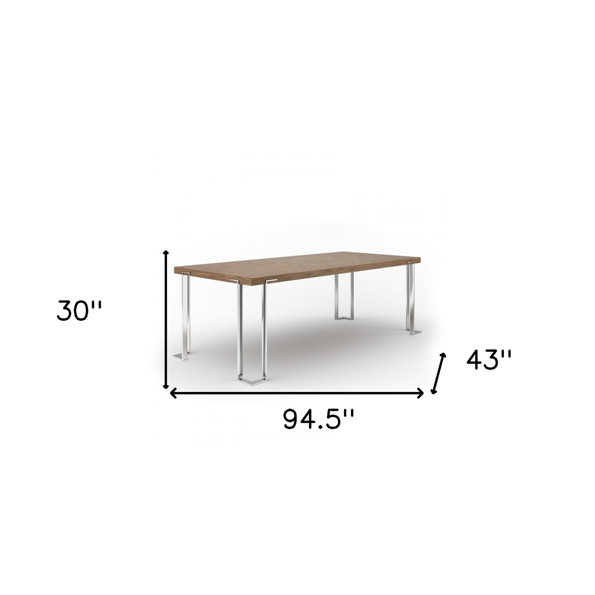 95" Brown and Silver Wood and Stainless Steel Dining Table