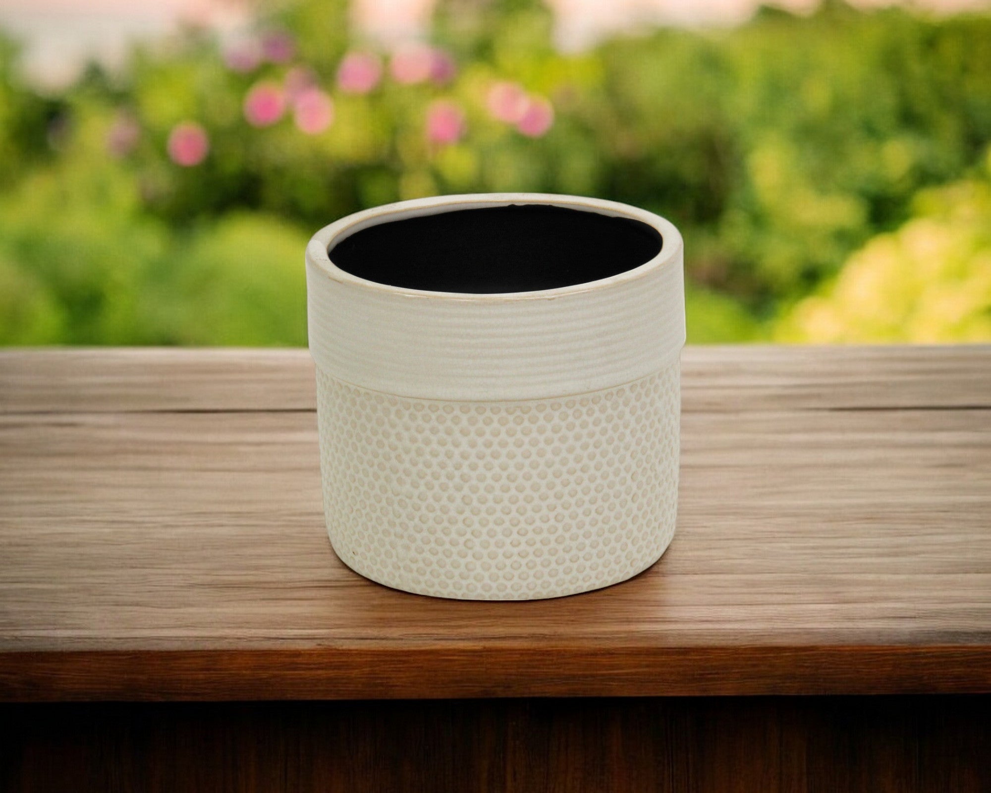6" Off White Geo Pattern Ceramic Indoor Outdoor Round Pot Planter