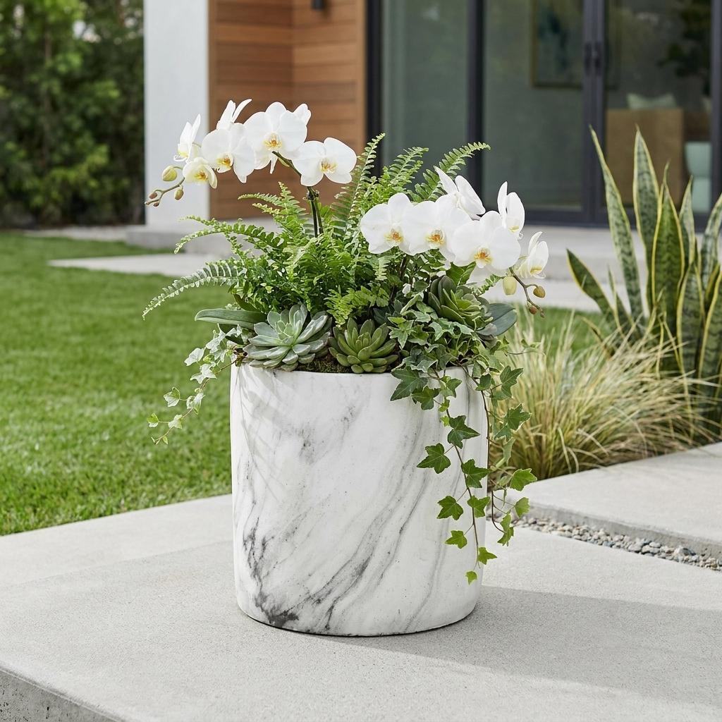 6" White and Gray Marbleized Ceramic Indoor Outdoor Round Pot Planter