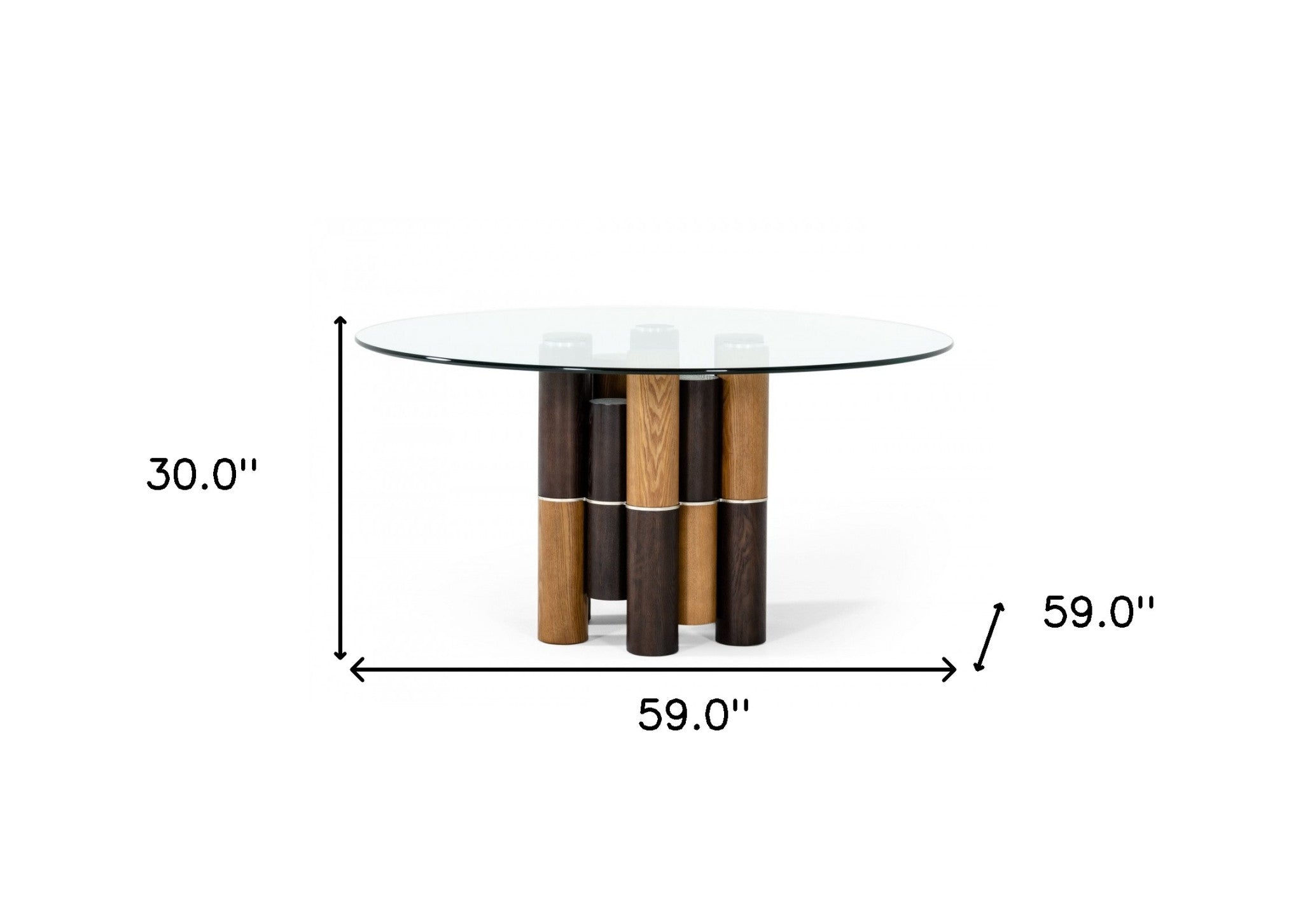 59" Clear and Brown Glass and Wood Pedestal Base Round Top Dining Table