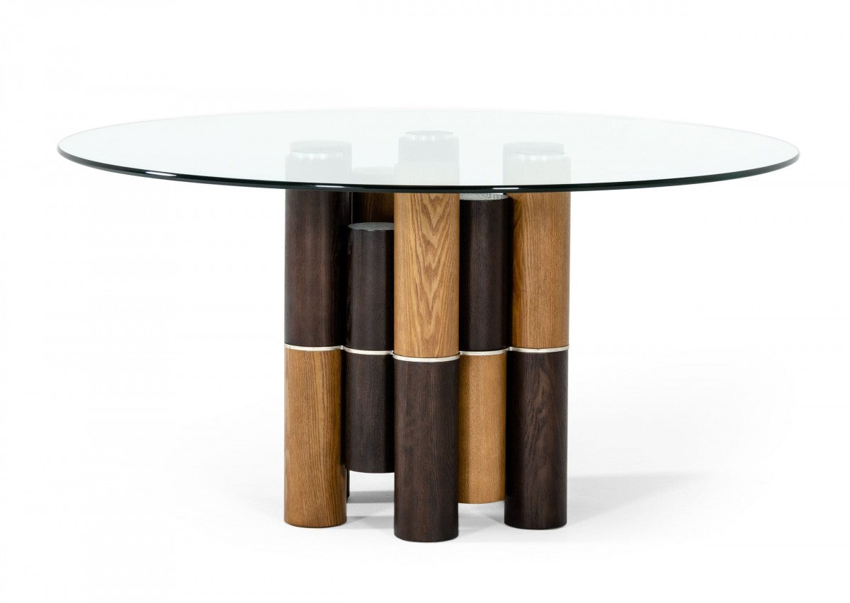 59" Clear and Brown Glass and Wood Pedestal Base Round Top Dining Table