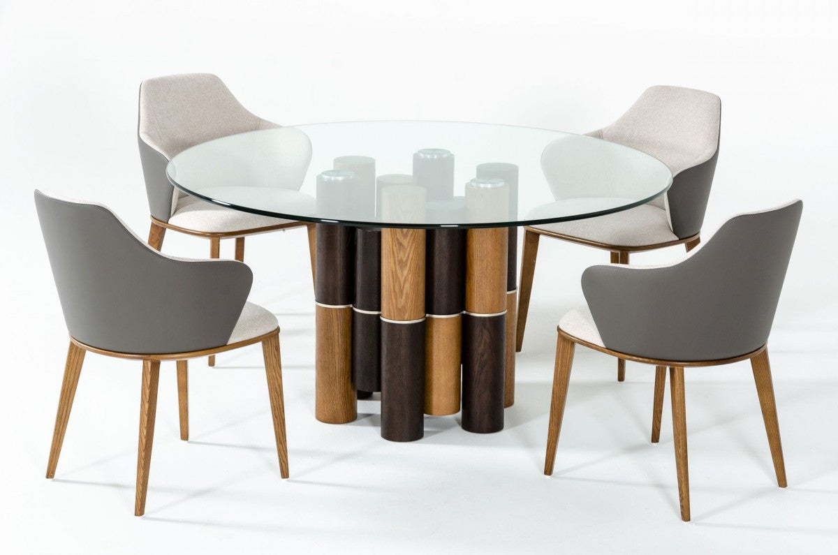 59" Clear and Brown Glass and Wood Pedestal Base Round Top Dining Table