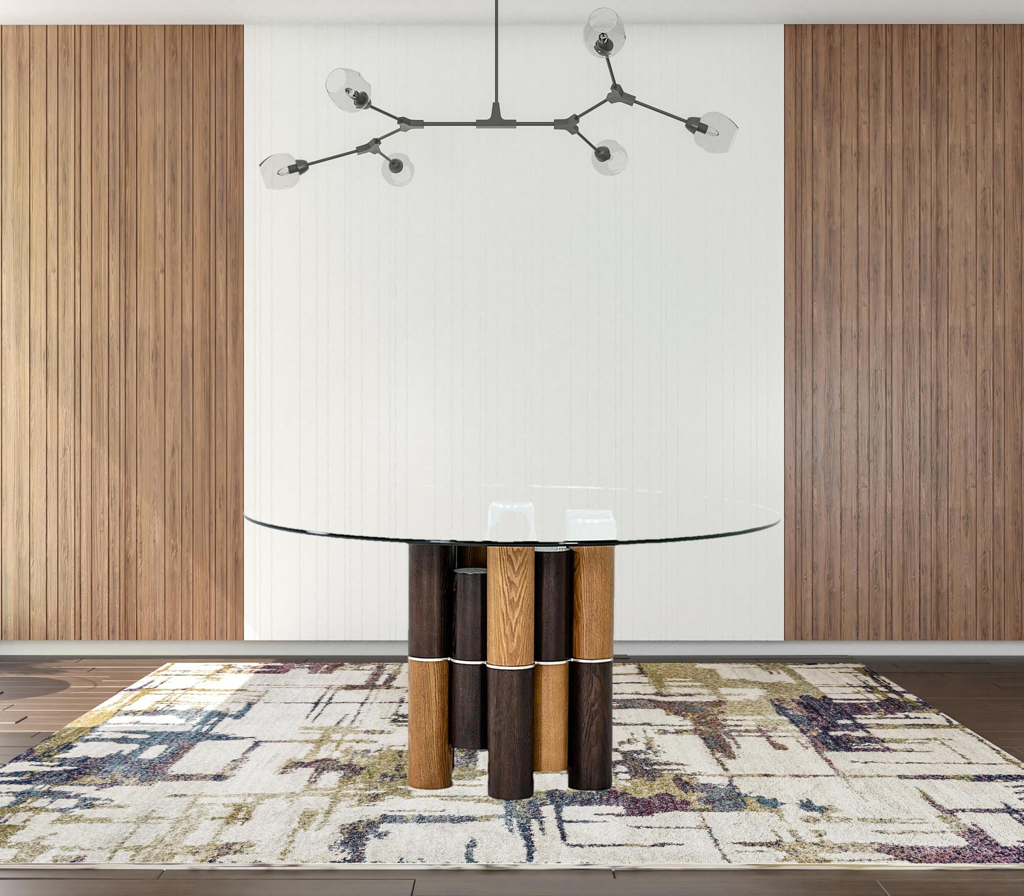 59" Clear and Brown Glass and Wood Pedestal Base Round Top Dining Table