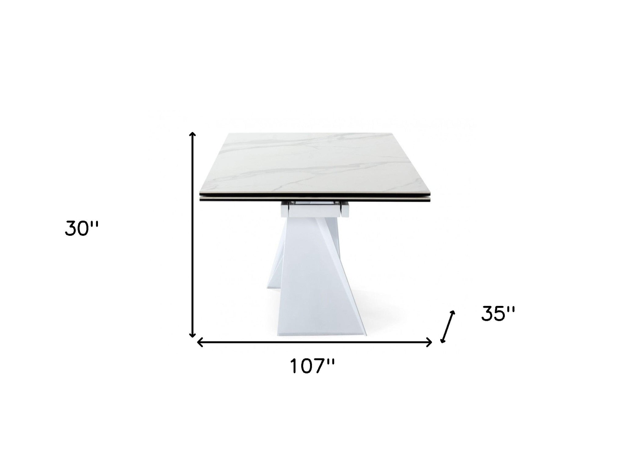 107" White Ceramic and Metal Self-Storing Leaf Pedestal Base Extendable Dining Table
