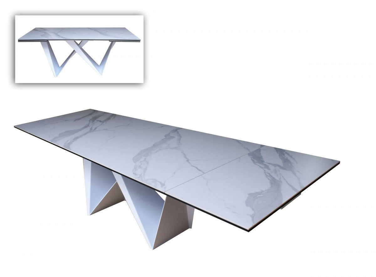 107" White Ceramic and Metal Self-Storing Leaf Pedestal Base Extendable Dining Table