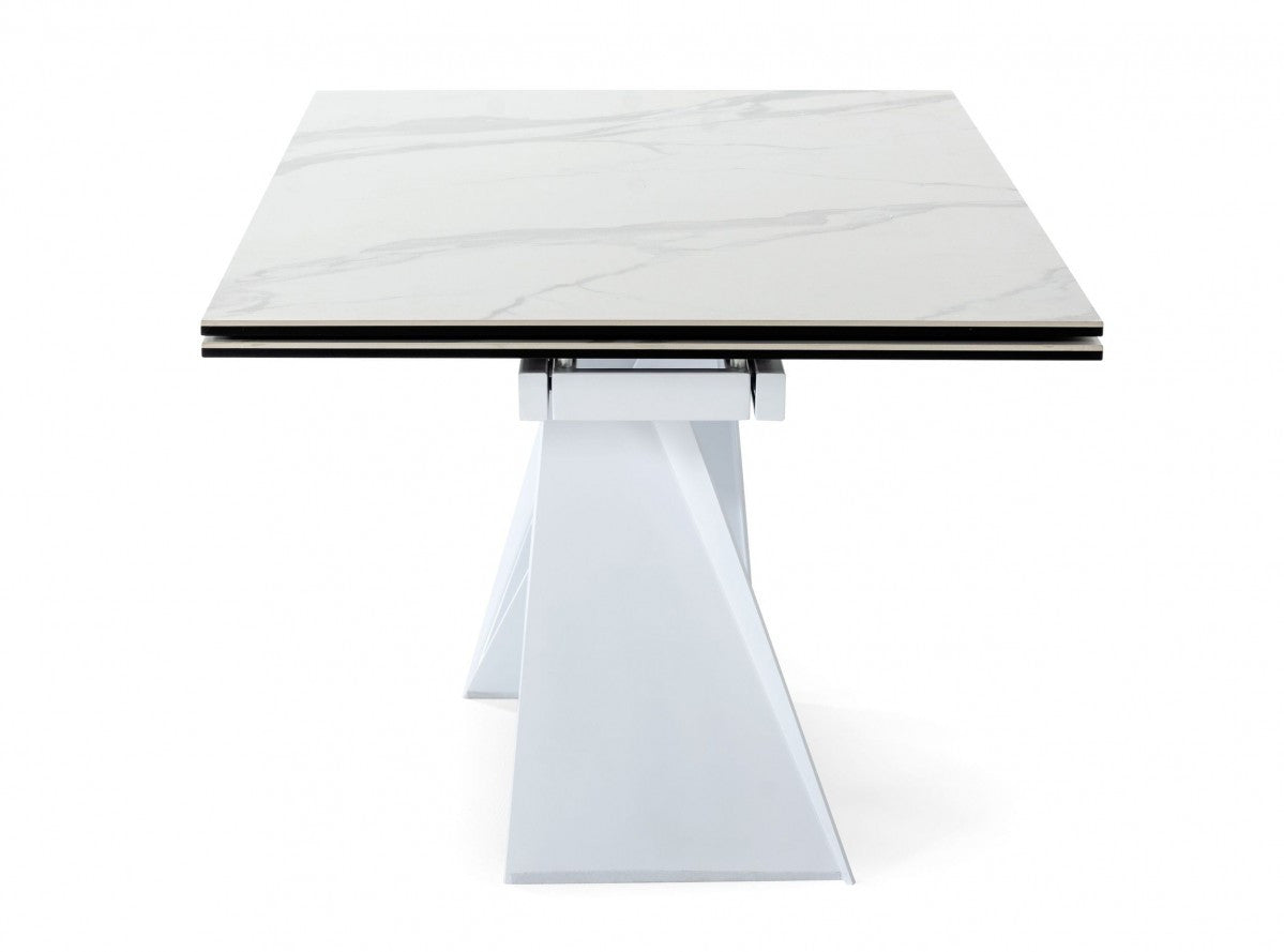 107" White Ceramic and Metal Self-Storing Leaf Pedestal Base Extendable Dining Table
