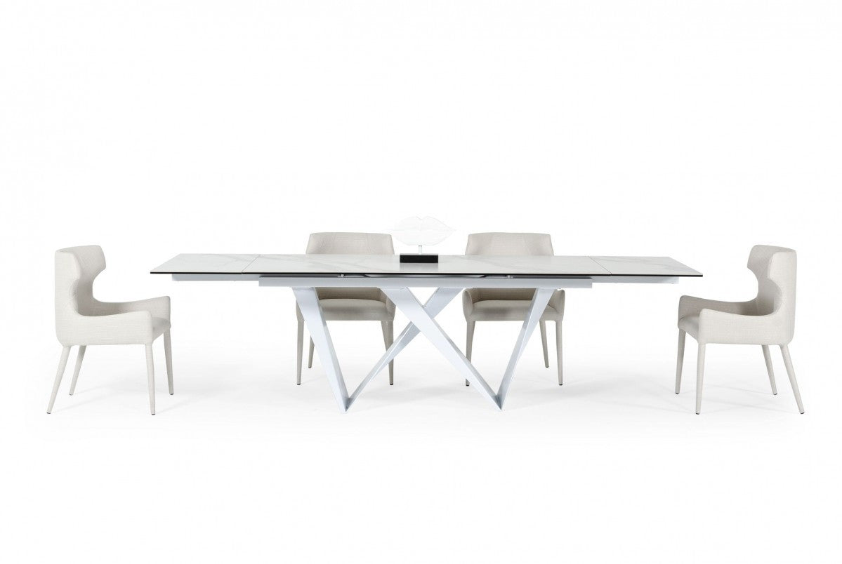 107" White Ceramic and Metal Self-Storing Leaf Pedestal Base Extendable Dining Table