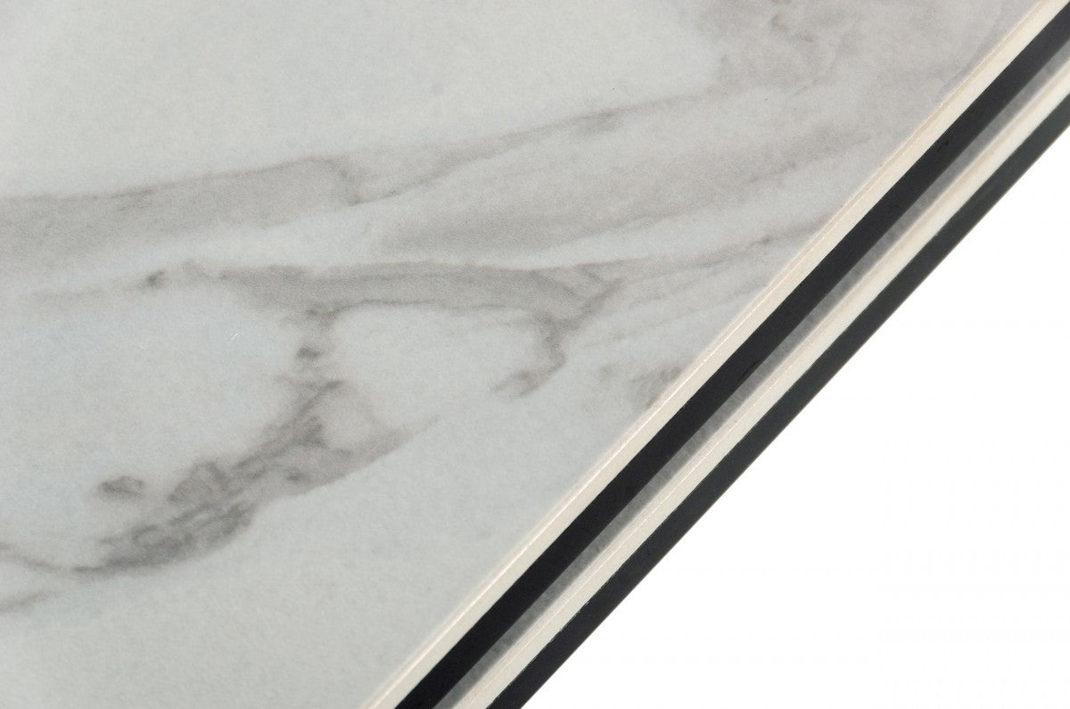 107" White Ceramic and Metal Self-Storing Leaf Pedestal Base Extendable Dining Table