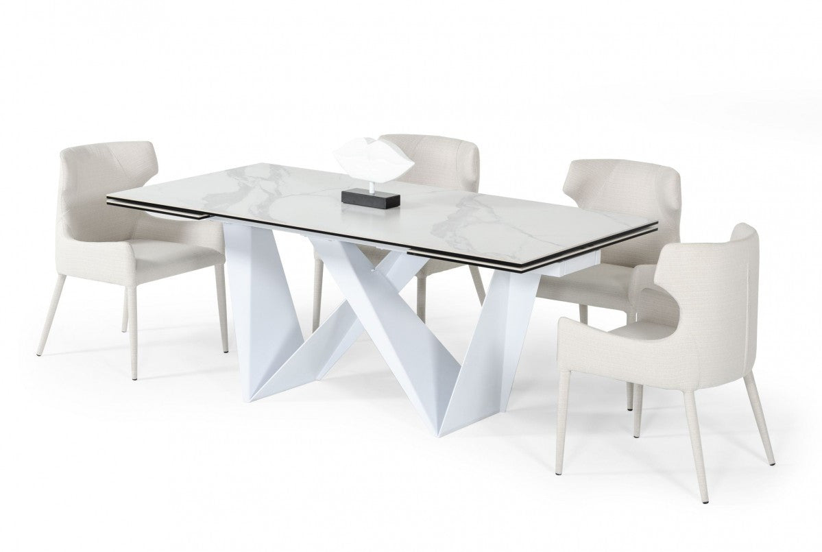 107" White Ceramic and Metal Self-Storing Leaf Pedestal Base Extendable Dining Table