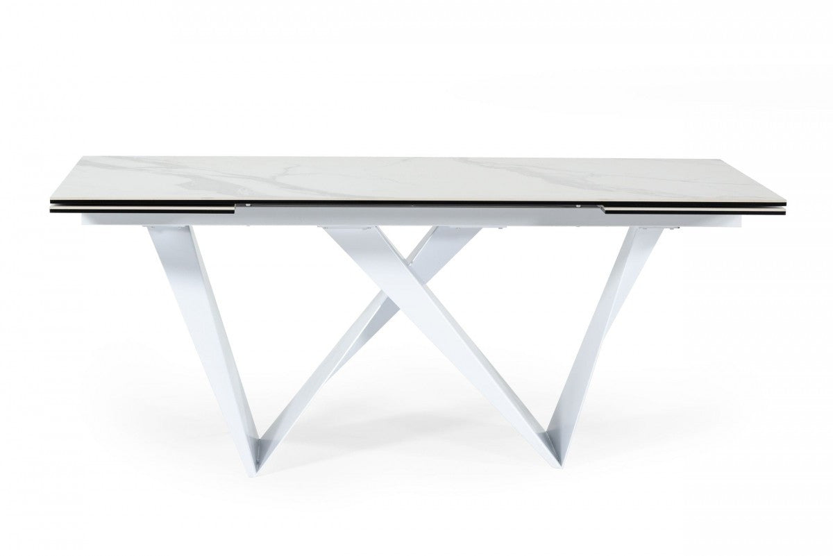 107" White Ceramic and Metal Self-Storing Leaf Pedestal Base Extendable Dining Table