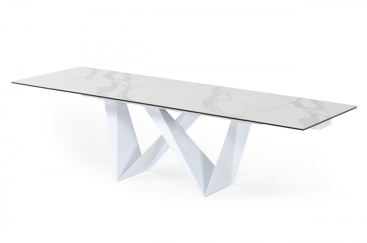107" White Ceramic and Metal Self-Storing Leaf Pedestal Base Extendable Dining Table