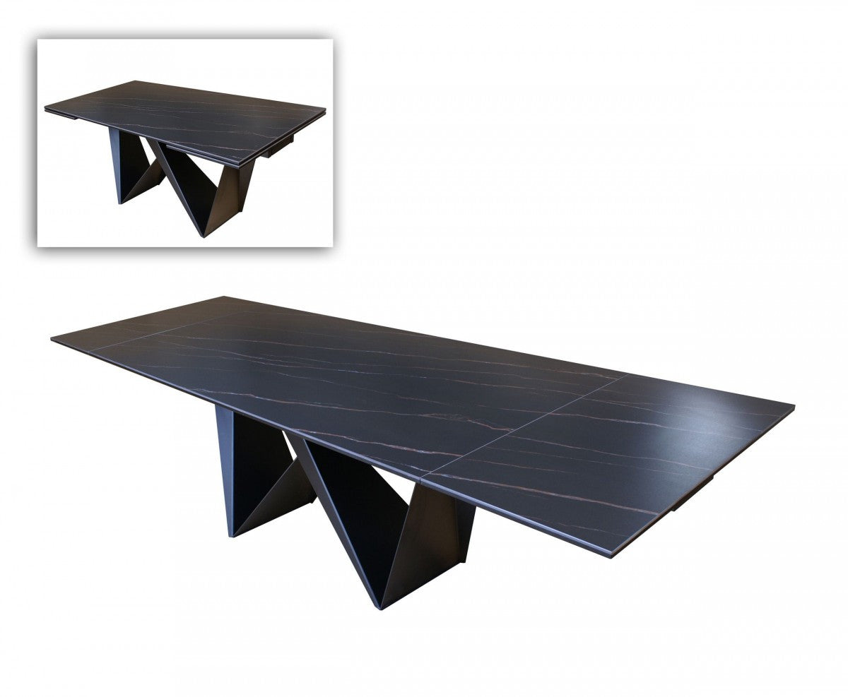 107" Black Ceramic and Metal Self-Storing Leaf Pedestal Base Extendable Dining Table