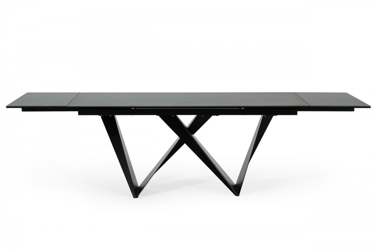 107" Black Ceramic and Metal Self-Storing Leaf Pedestal Base Extendable Dining Table