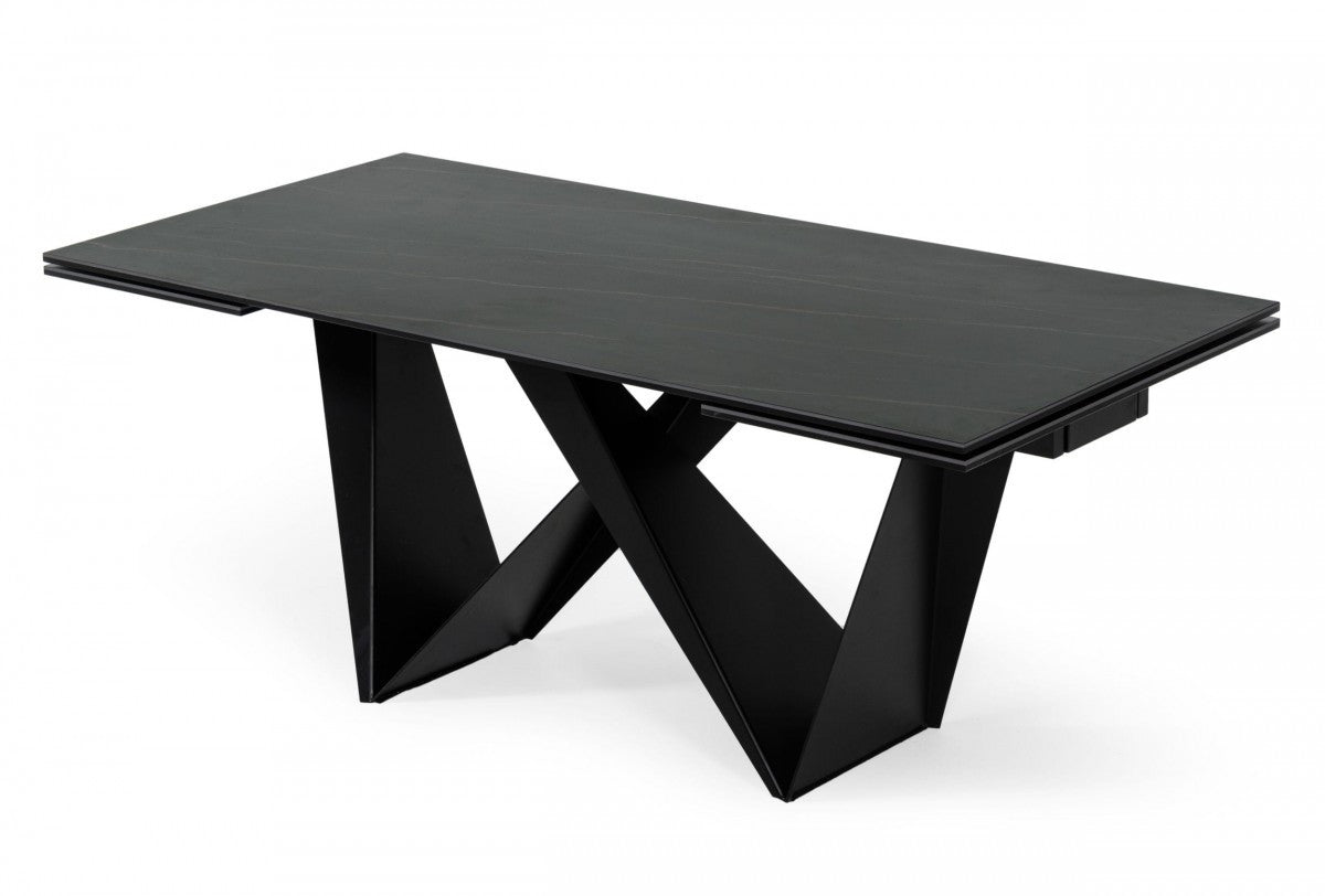 107" Black Ceramic and Metal Self-Storing Leaf Pedestal Base Extendable Dining Table