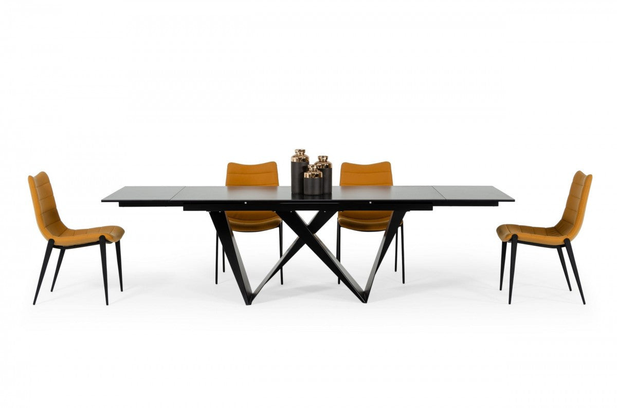 107" Black Ceramic and Metal Self-Storing Leaf Pedestal Base Extendable Dining Table