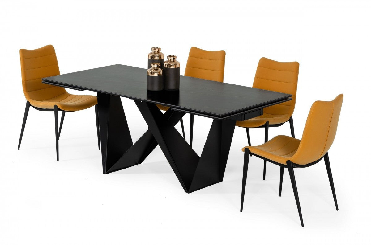 107" Black Ceramic and Metal Self-Storing Leaf Pedestal Base Extendable Dining Table