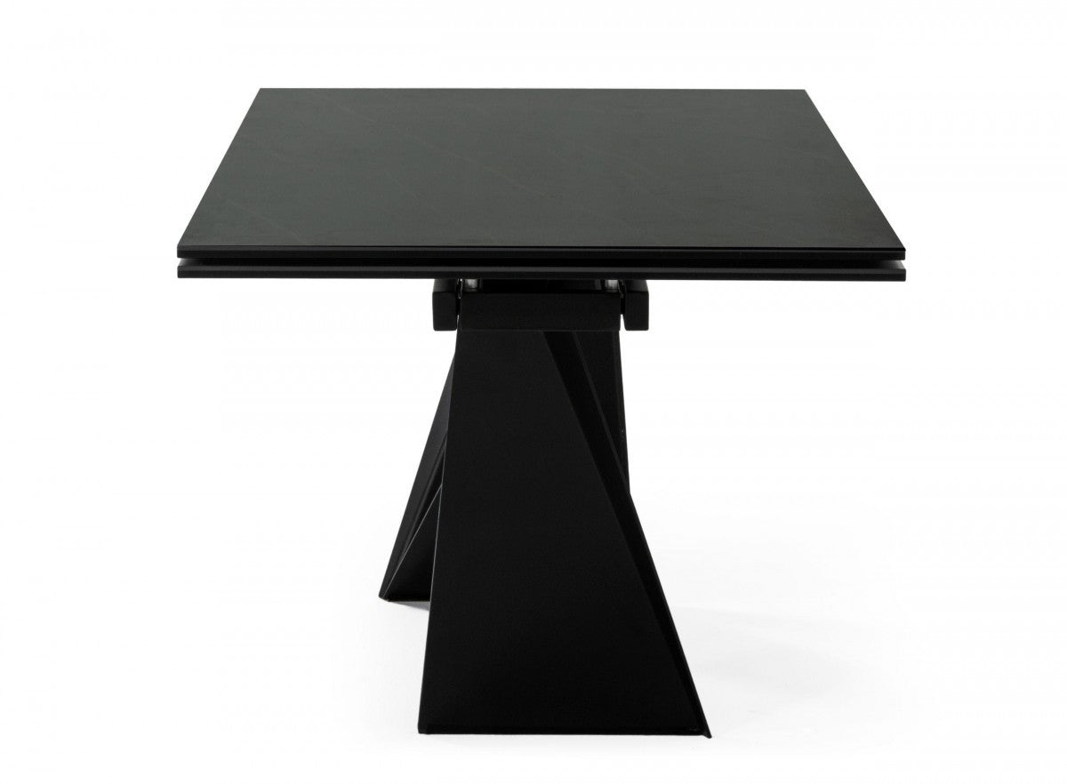 107" Black Ceramic and Metal Self-Storing Leaf Pedestal Base Extendable Dining Table