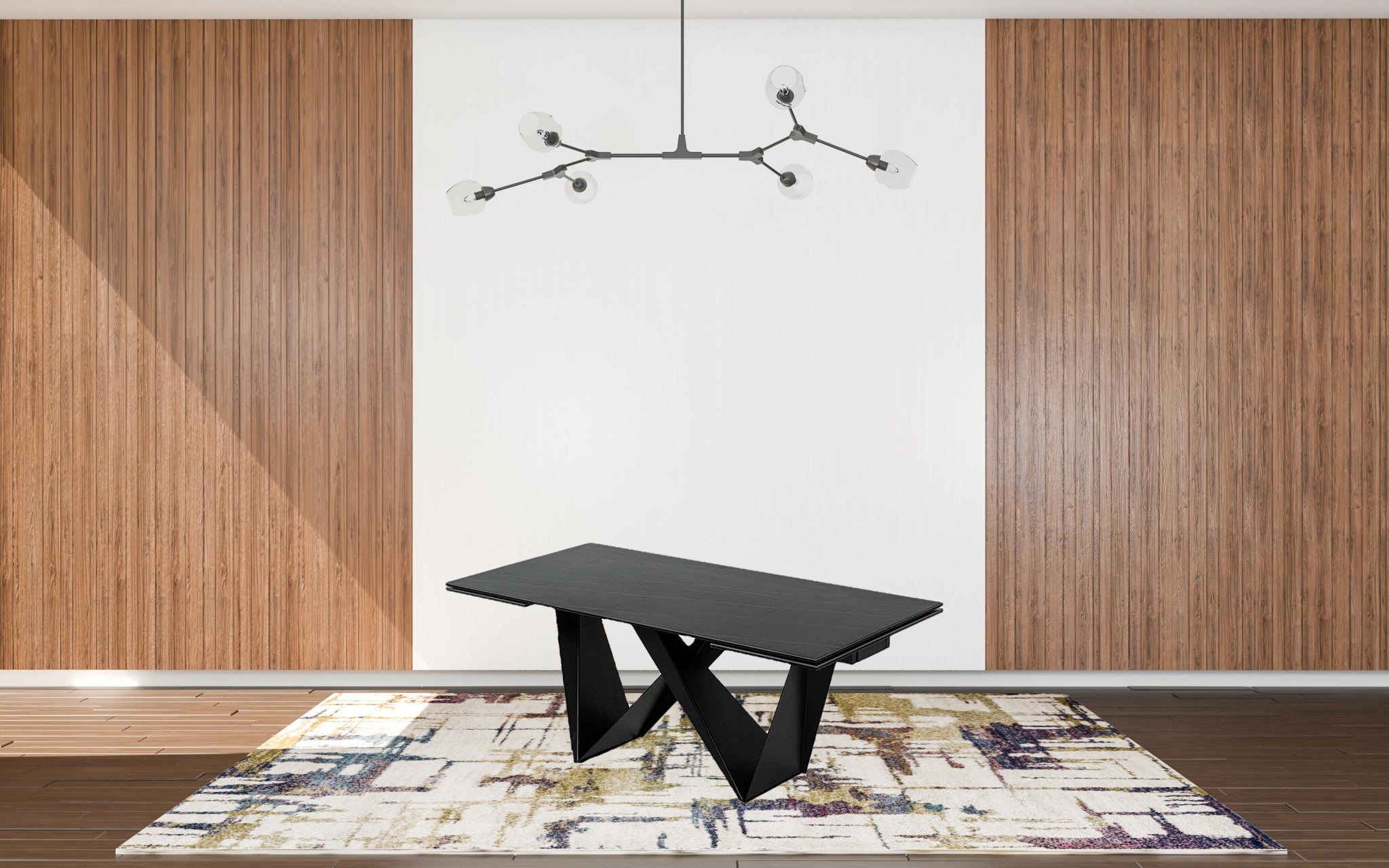 107" Black Ceramic and Metal Self-Storing Leaf Pedestal Base Extendable Dining Table