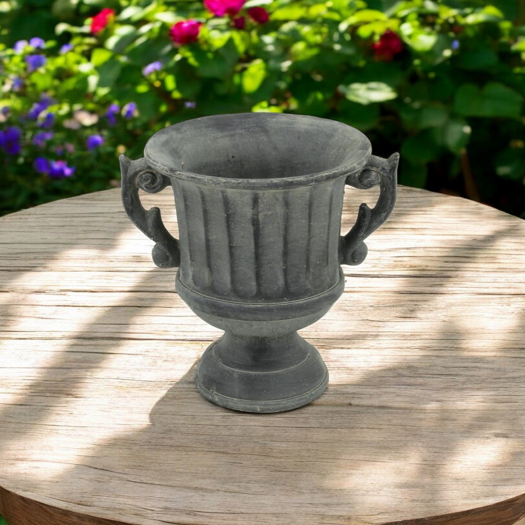 7" Gray Striped Cement Indoor Outdoor Round Urn Planter