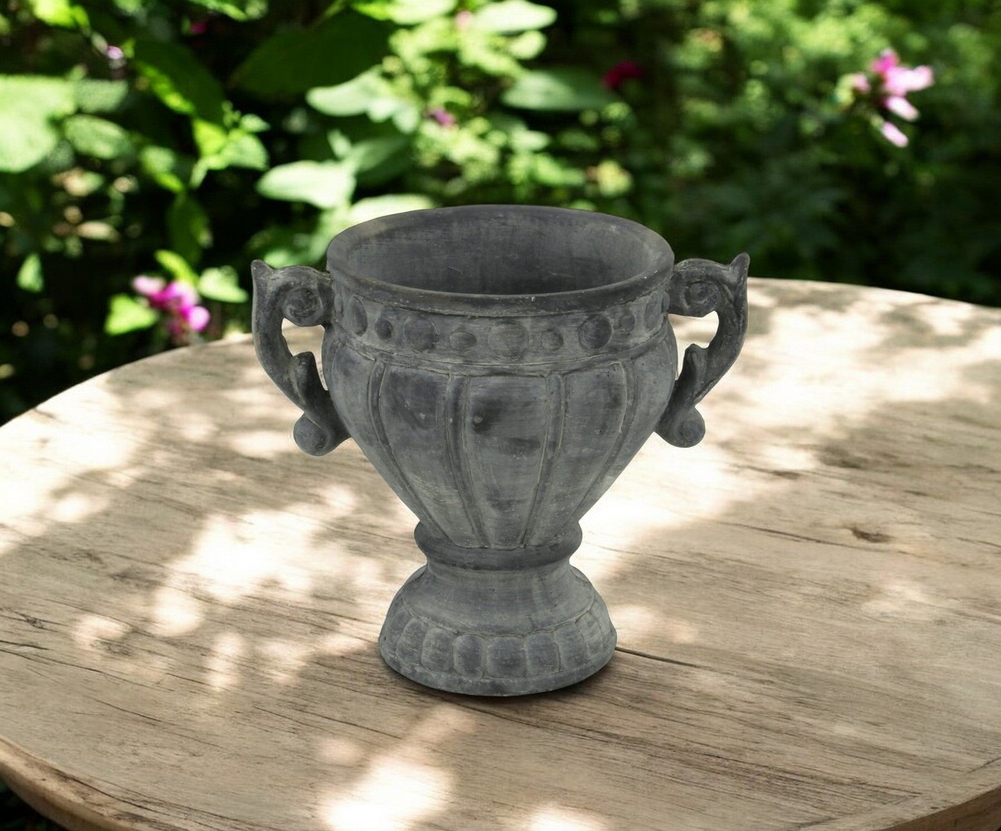 6" Gray Striped Cement Indoor Outdoor Round Urn Planter