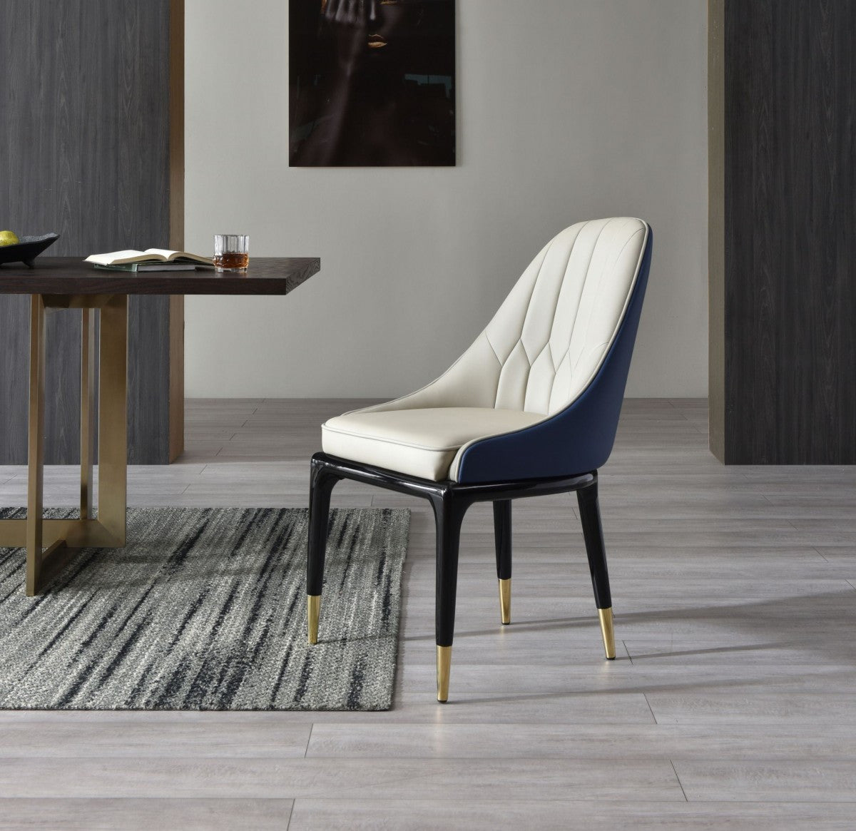 Tufted Beige and Blue And Black Upholstered Faux Leather Dining Side Chair