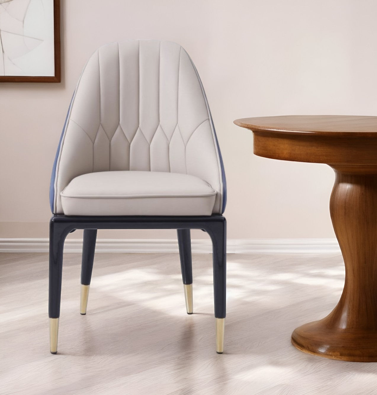 Tufted Beige and Blue And Black Upholstered Faux Leather Dining Side Chair