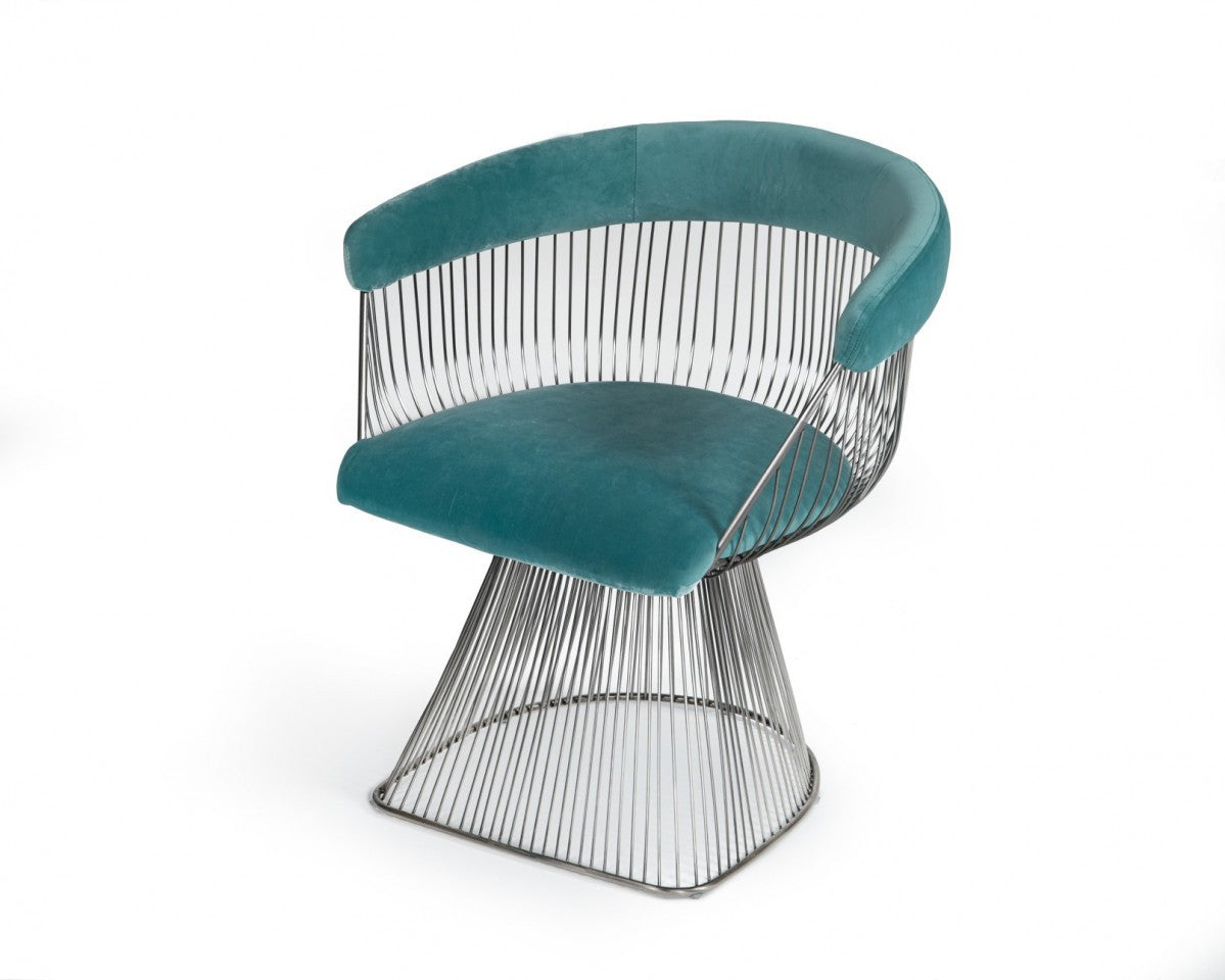 Teal And Silver Velvet Steel Windsor Back Dining Arm Chair