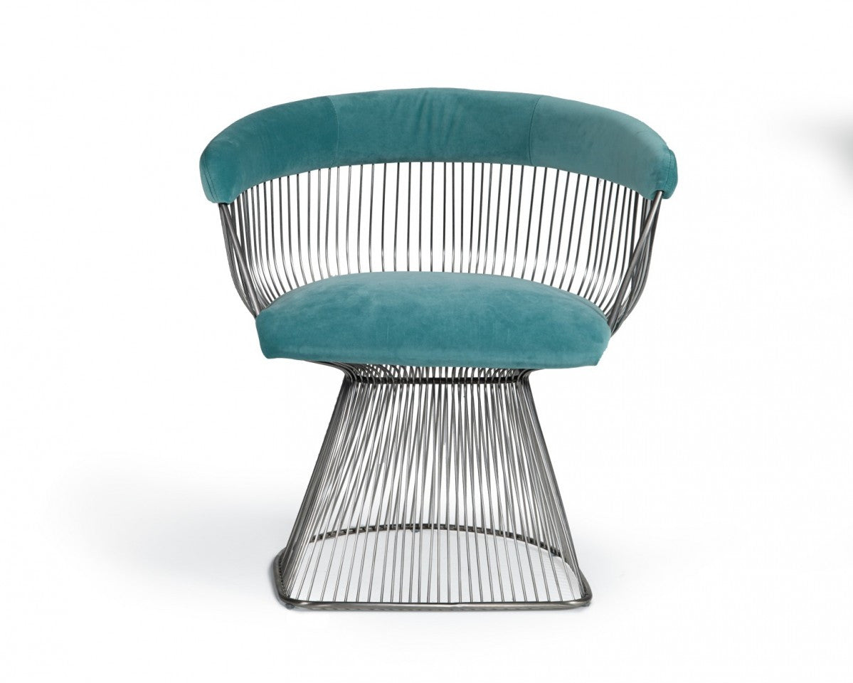 Teal And Silver Velvet Steel Windsor Back Dining Arm Chair