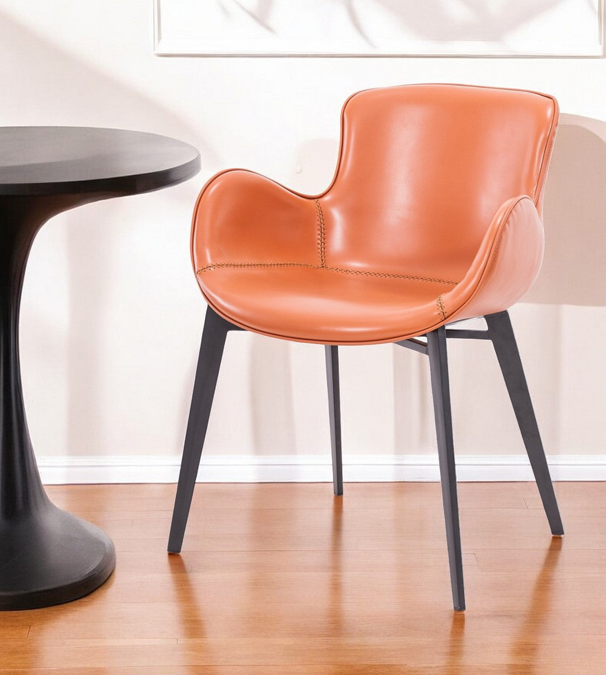 Terra Cotta And Black Upholstered Faux Leather Dining Arm Chair