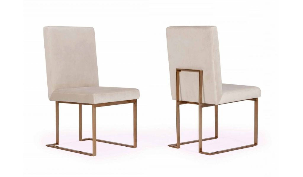 Set of Two Beige And Brass Upholstered Velvet Dining Side Chairs